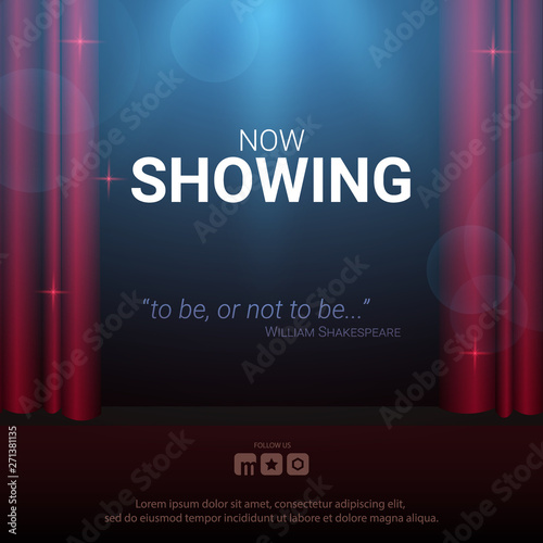 Theater stage. Red curtains stage, theater or opera background with spotlight. Festival night show banner.