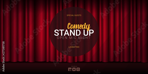 Stand Up Comedy banner with Red curtains background with spotlight.