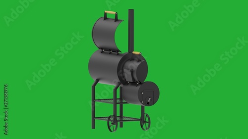 Barbecue texas smoker 3d render on green background isometric from side.
