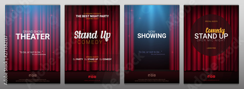 Set of Stand up and Theater banners. Red curtains stage, theater or opera background with spotlight.