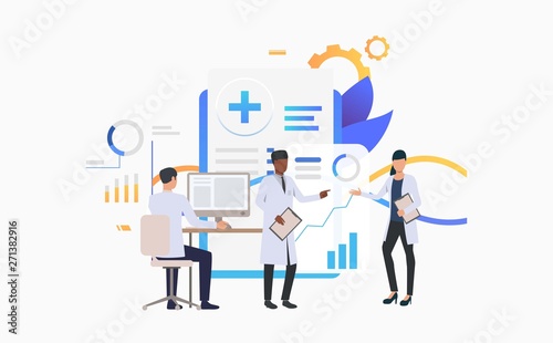 Medics working over charts vector illustration. Medical research, medical development, modern clinic. Healthcare concept. Creative design for layouts, web pages, banners