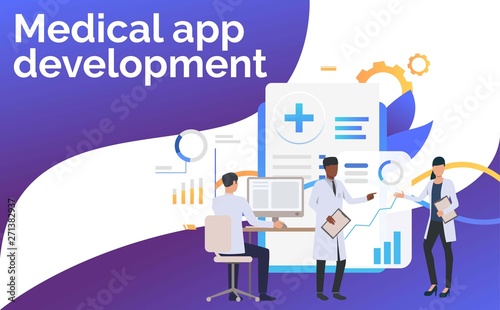 Medics working with computer and charts vector illustration. Medical data, statistics, healthcare technology. Medical app development. Creative design for presentations, templates, banners