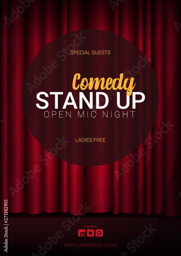 Stand Up Comedy banner with Red curtains background with spotlight.