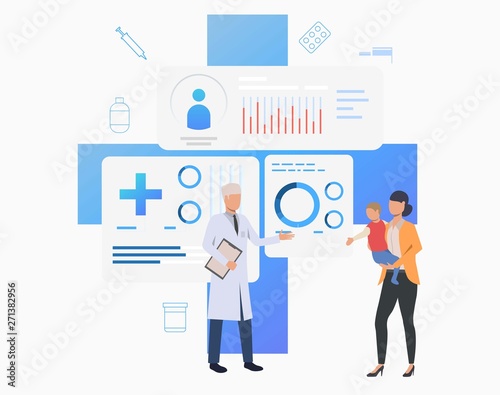 Mother and child visiting doctor vector illustration. Medical record, healthcare, health check. Family health concept. Creative design for layouts, web pages, banners