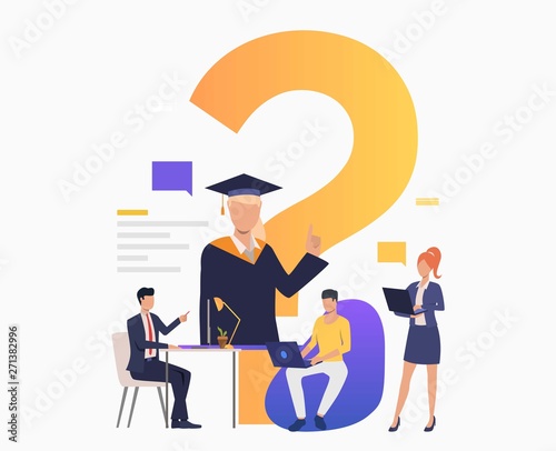 People searching internet at home and in office vector illustration. Faq, online education, inquiry. Search engine concept. Creative design for layouts, web pages, banners