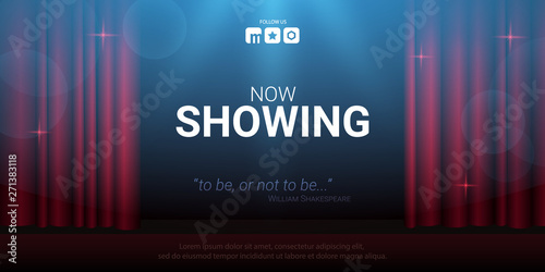Theater stage. Red curtains stage, theater or opera background with spotlight. Festival night show banner.