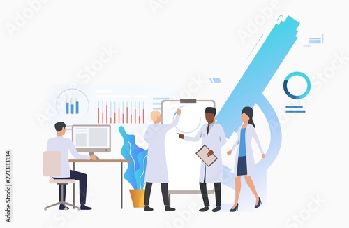 Scientists working in modern laboratory vector illustration. Biotechnology, medicine, chemistry. Science concept. Creative design for layouts, web pages, banners
