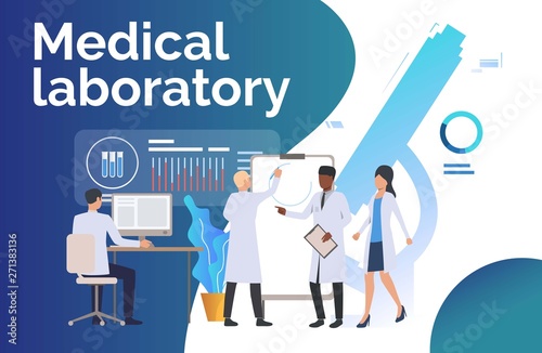 Scientists analyzing medical data vector illustration. Medical test, scientific research, biotechnology. Medical laboratory concept. Creative design for presentations, templates, banners