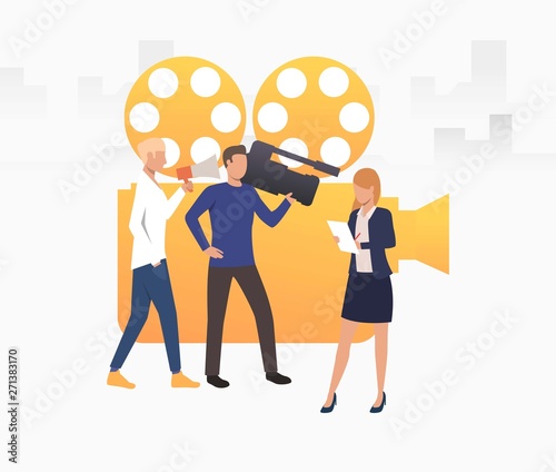 Television crew shooting news vector illustration. Reportage, show, advertising. Broadcasting concept. Creative design for layouts, web pages, banners