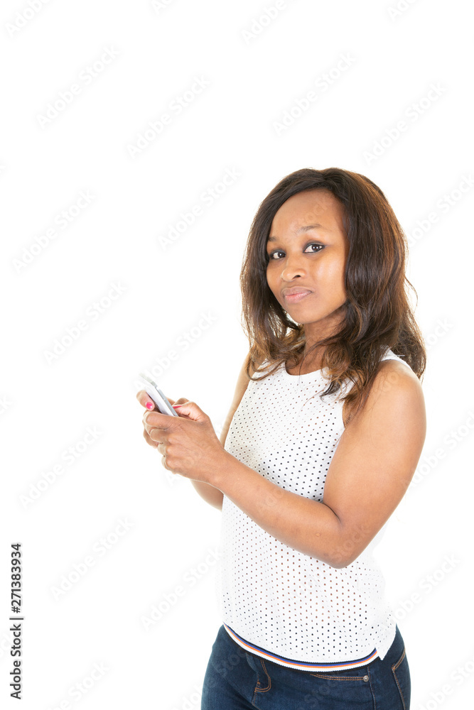 African stylish beauty woman using texting smart phone African stylish beauty woman using texting smart phone