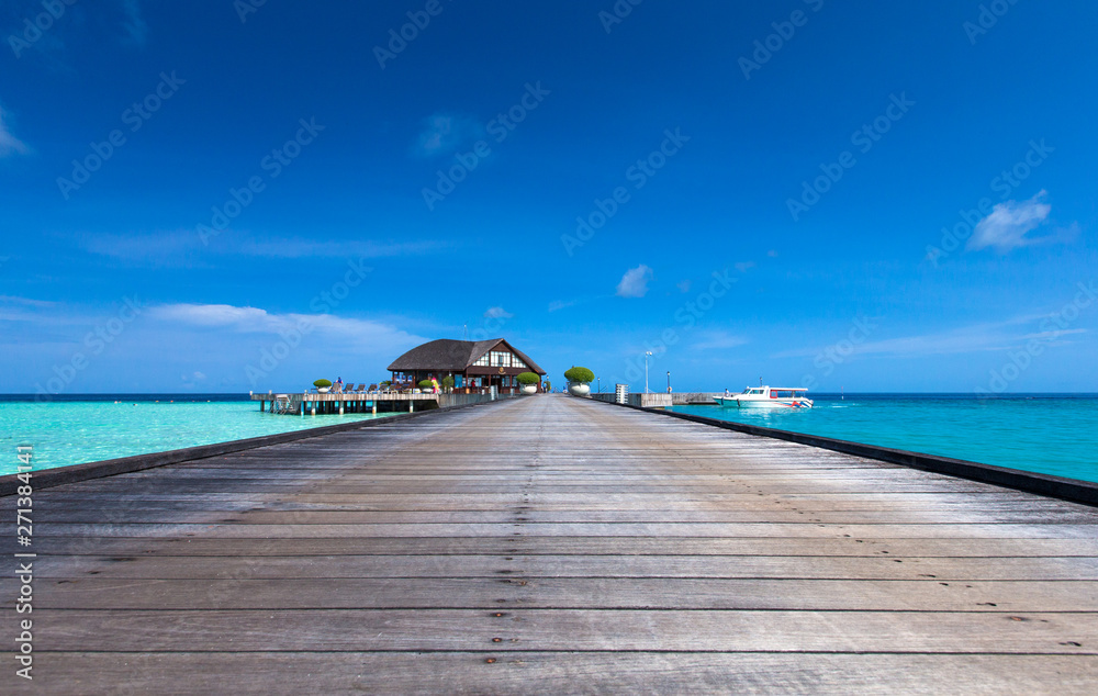 tropical beach in Maldives with few palm trees and blue lagoon