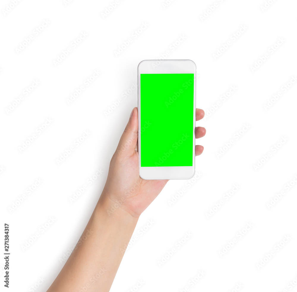 hand holding white mobile smart phone with blank green screen isolated on white background with clipping path on green screen and background, studio shot hand holding white mobile smart phone with blank green screen isolated on white background with clipping path on green screen and background, studio shot