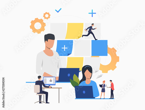 Business people working on computer. Office, note, computer, objective. Business concept. Vector illustration for poster, presentation, new project