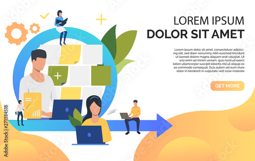 Man and woman working on project. Laptop, note, scheme, gearwheel, sample text. Business concept. Vector illustration for poster, presentation, new project
