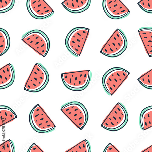 Watermelon seamless pattern in sketchy style on white background Doodle fruits and berries Hand drawn vector illustration