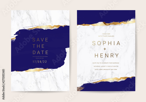 Wedding invitation cards with indigo and blue  marble texture background and gold geometric  line design vector.