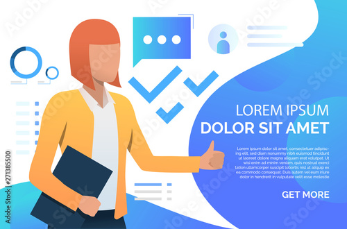 Woman showing thumb up, recommending business product. Representative, promotion concept. Presentation slide template. Vector illustration for topics like business, marketing, advertisement