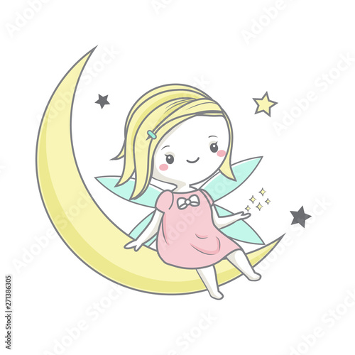 Cute fairy sitting on moon and play with stars. Vector illustration for children fashion prints and baby design
