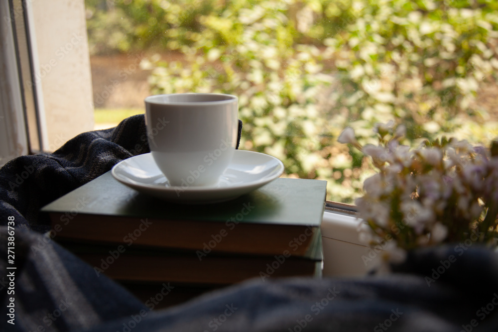 white cup with tea on the books on the windowsill with a scarf