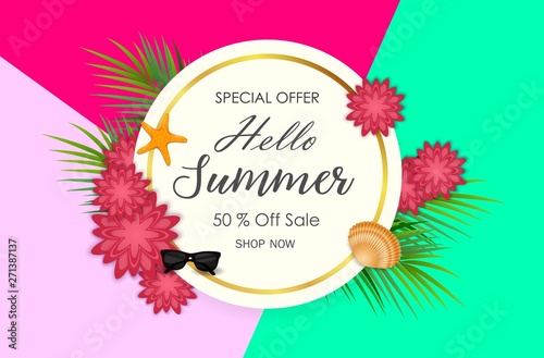 Summer sale background with palm leaves and flowers