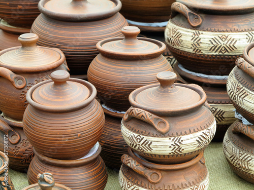 Old brown clay ceramic pottery retro handmade vases