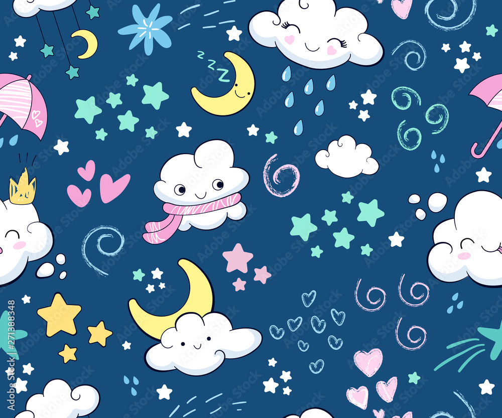 Decor elements set with cartoon clouds, rain, wind, umbrella, half moon on blue background. Seamless pattern. Can be used for sticker, patch, textile, fabric print, poster, baby shower design, party