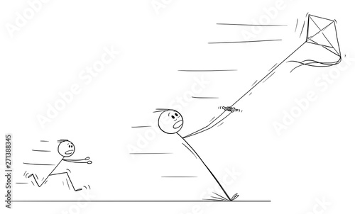 Vector cartoon stick figure drawing conceptual illustration of father flying kite and pulled away in strong wind. Child is running after him.
