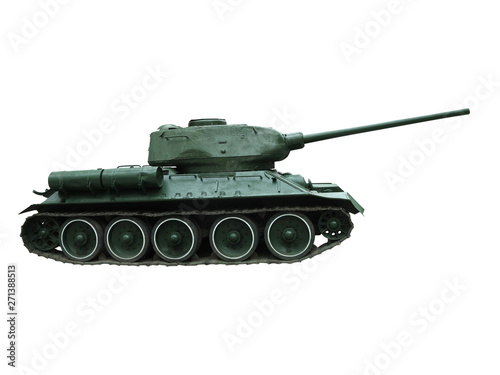 Green old soviet T-34 tank isolated on white background
