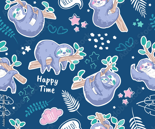 Decor elements set with cute sloths with tropical leaves, clouds and stars on blue background. Seamless pattern. Can be used for sticker, patch, phone case, print, poster, design, t-shirt, party decor