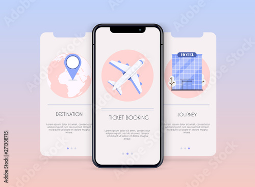 Onboarding screens user interface kit for mobile app templates concept of travel and ticket booking. Concept for web banners, websites, infographics.