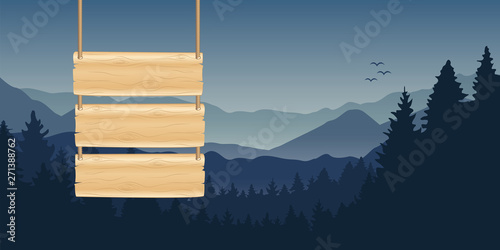 wooden hanging board at blue mountain and forest landscape vector illustration EPS10