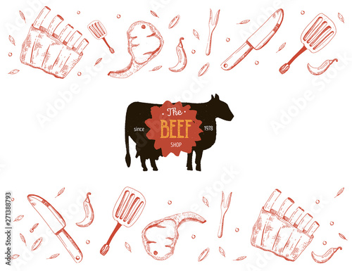 BBQ Doodle banner. Modern sketch. Blackboard Food menu. Raw pork meat. Barbecue wallpaper