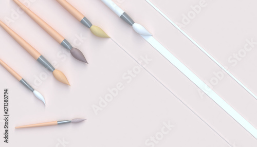 Paintbrush artistic Toons set and Beautiful artwork in studio and minimal Concept on pastel Yellow Tone background - 3D rendering.931