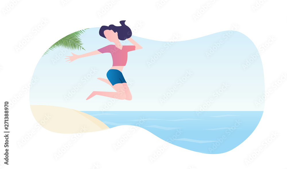 Young girl jumping into the water. Flat design concept for web and social media banner, background, summer card template, travel and holiday ads, advertising material. Summer vector illustration. 