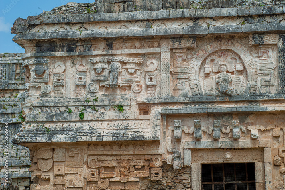 Architectural details of an entrance gate of a Mayan temple, in the archaeological area of Chichen Itza, on the Yucatan peninsula