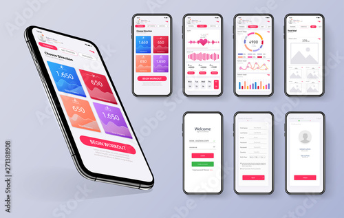 Different UI, UX, GUI screens fitness app and flat web icons for mobile apps, responsive website including. Web design and mobile template. Red trends design. Fitness Dashboard - stock vector