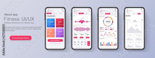 Different UI, UX, GUI screens fitness app and flat web icons for mobile apps, responsive website including. Web design and mobile template. Fitness interface design for mobile application. Vector