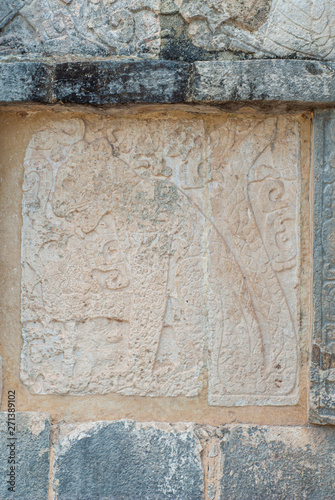 Panther engraving on stone of a Mayan temple, in the archaeological area of Chichen Itza, on the Yucatan peninsula