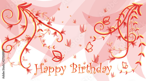 Birthday card. Ornate branches and a lot of flying butterflies. Ready template congratulations. Inscription Happy Birthday. Vector illustration for your holiday.