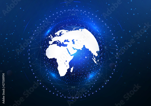 Global Internet.  Satellites cover the earth with high-speed Internet. Satellites in orbit. View from space. The night sky, the earth. Vector
