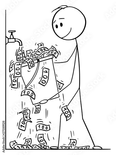 Vector cartoon stick figure drawing conceptual illustration of man or businessman turning the water faucet or tap on and catching bills falling in to bucket.