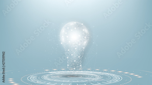 Lightbulb low poly design with connecting dots, stars. Internet technology icon triangle polygonal network concept. White sky background, polygon wireframe connected point illustration