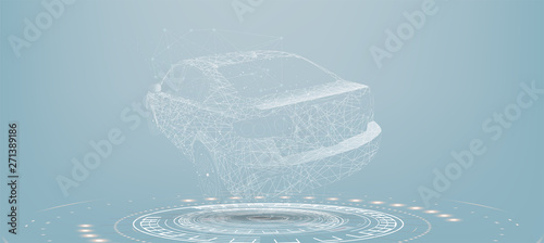 Hologram car. Futuristic auto in style low poly , wireframe in line. Virtual graphical interface HUD. Vector