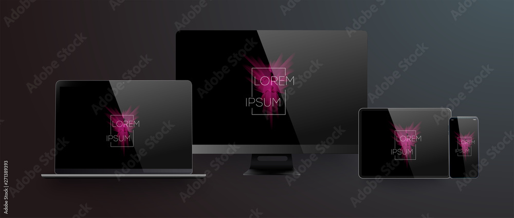 Realistic silver  white laptop,smartphone, tablet with black screen and shadow. Can use for project, presentation. Blank device mock up. Vector illustration - obrazy, fototapety, plakaty 