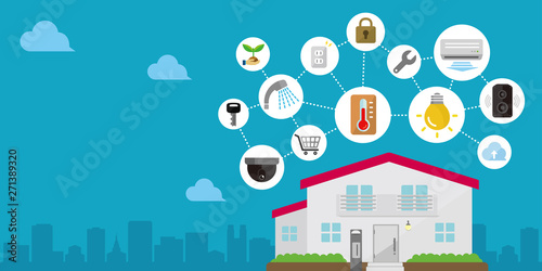 Smart home (smart house) technology concept flat illustration (with text space).