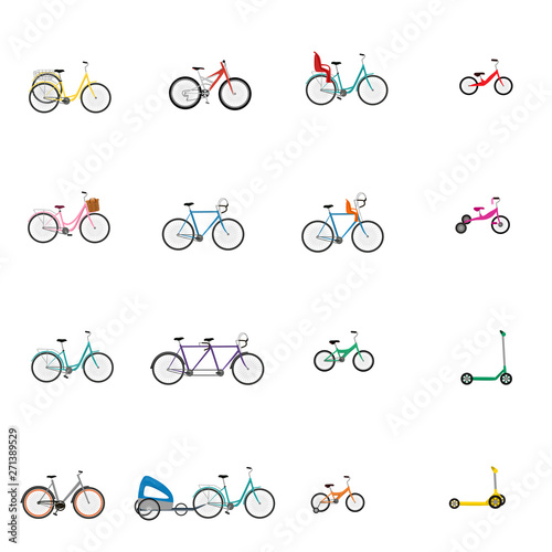 Vector illustrations of bicycle, child bike seat and kick scooter