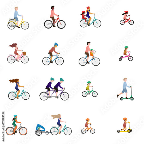 Vector illustrations of people on bicycle, child bike seat and kick scooter