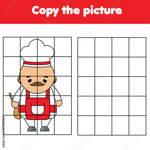 Cartoon chef. Grid copy worksheet. educational children game. Printable drawing activity for toddlers and kids. Professions and jobs theme