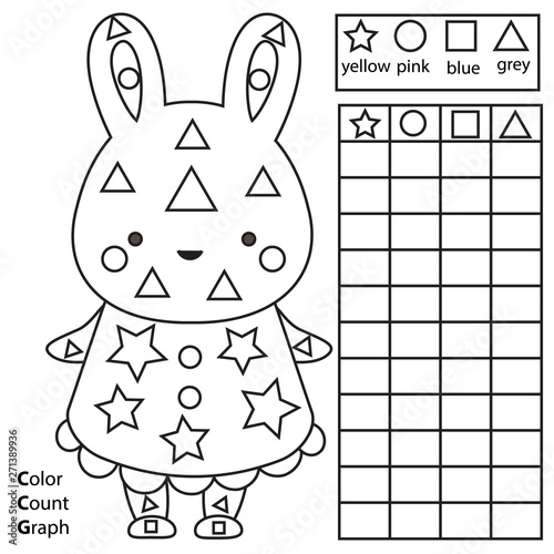 Color, count and graph. Educational children game. Color rabbit and counting shapes. Printable worksheet for kids and toddlers