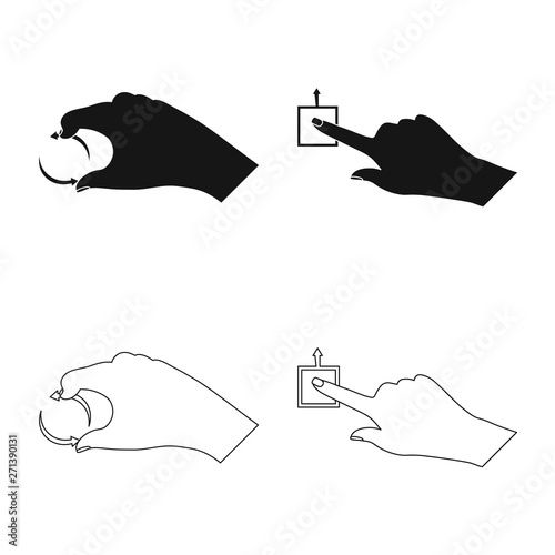 Vector illustration of touchscreen and hand sign. Set of touchscreen and touch stock symbol for web.